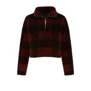 Buffalo Plaid Sherpa Half Zip Pullover Jacket – Burgundy Black – Women’s Medium